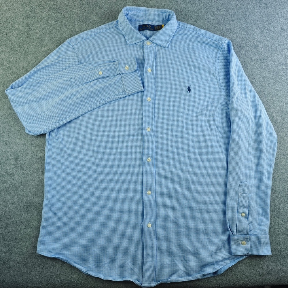 Polo Ralph Lauren Knit Houndstooth Shirt Mens XL Blue White Button Up Cotton - Picture 2 of 9